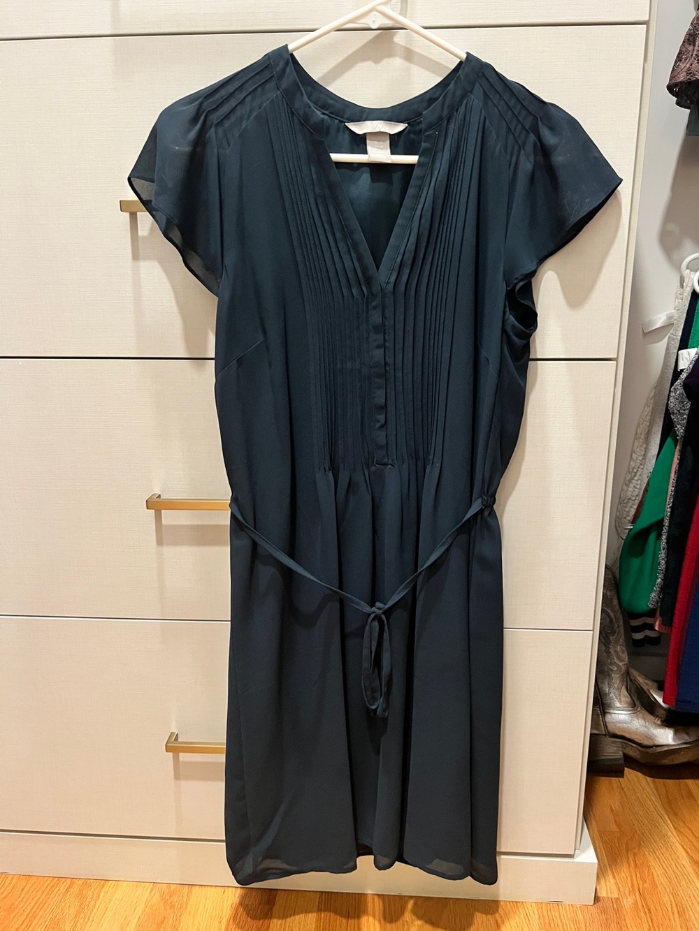 H&M Teal V-Neck Pintuck Midi Dress with Waist Tie